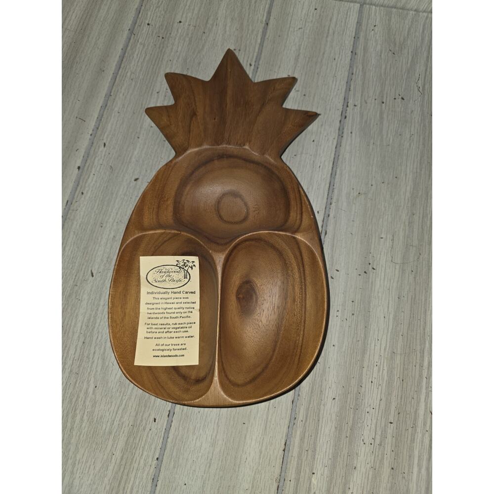 Vtg Monkey Pod Compartment Serving Dish Hand Carved Wooden Hawaiian Pineapple